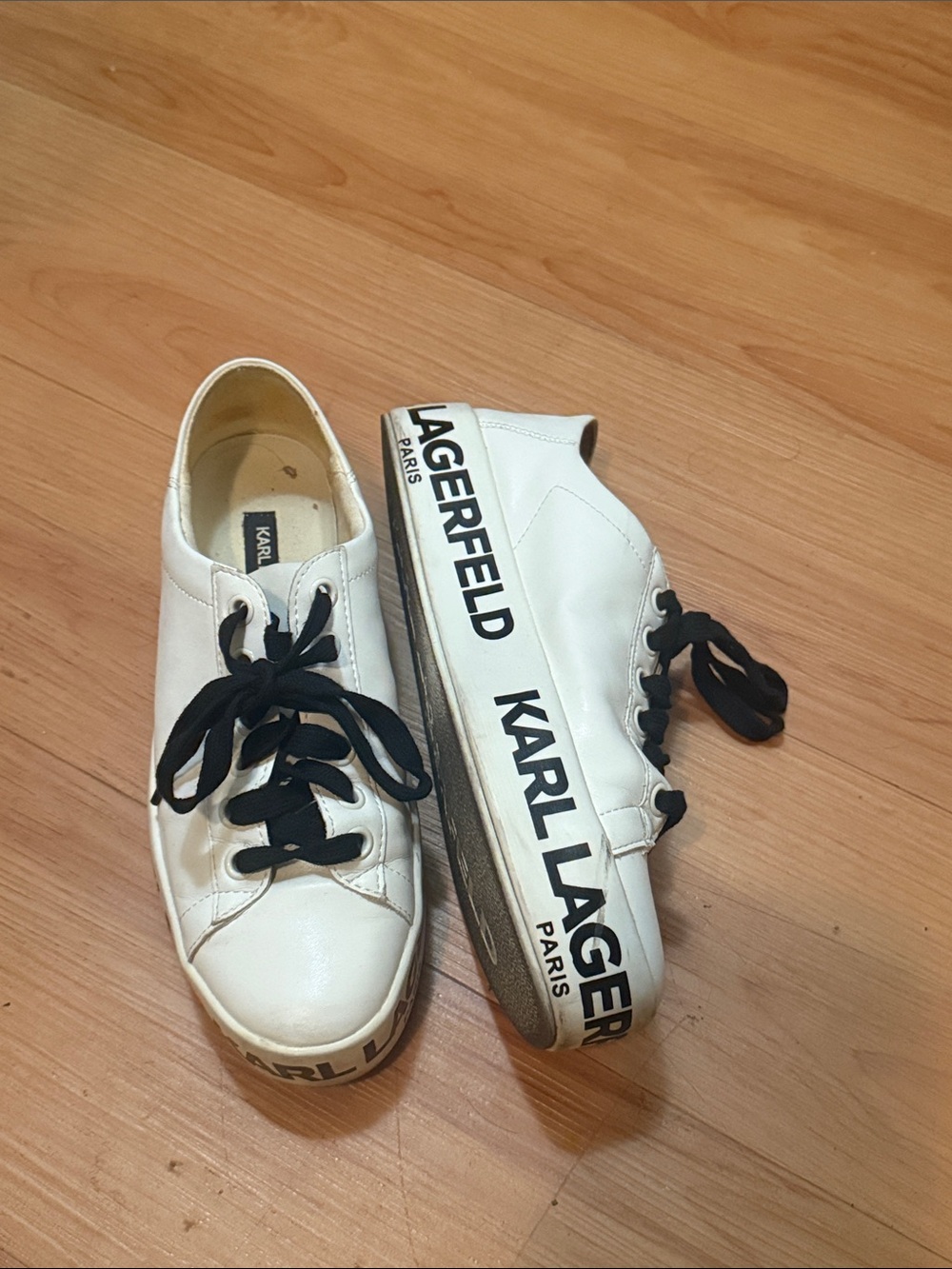 Karl Lagerfeld White Leather Sneakers with Black Laces and Bold Logo
